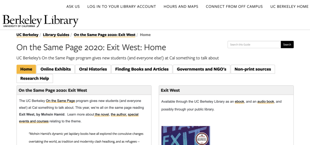 Screenshot of library guide for Exit West