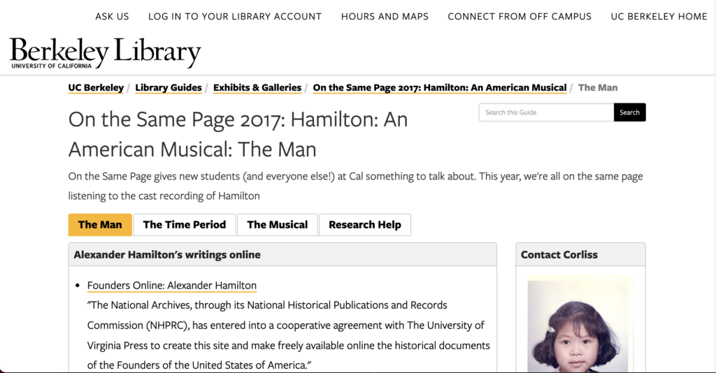 Screenshot of library guide for Hamilton