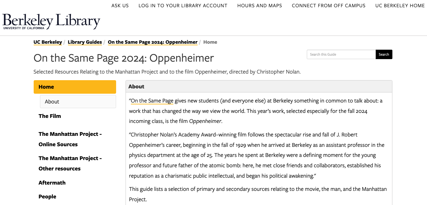 Screenshot of library guide for Oppenheimer